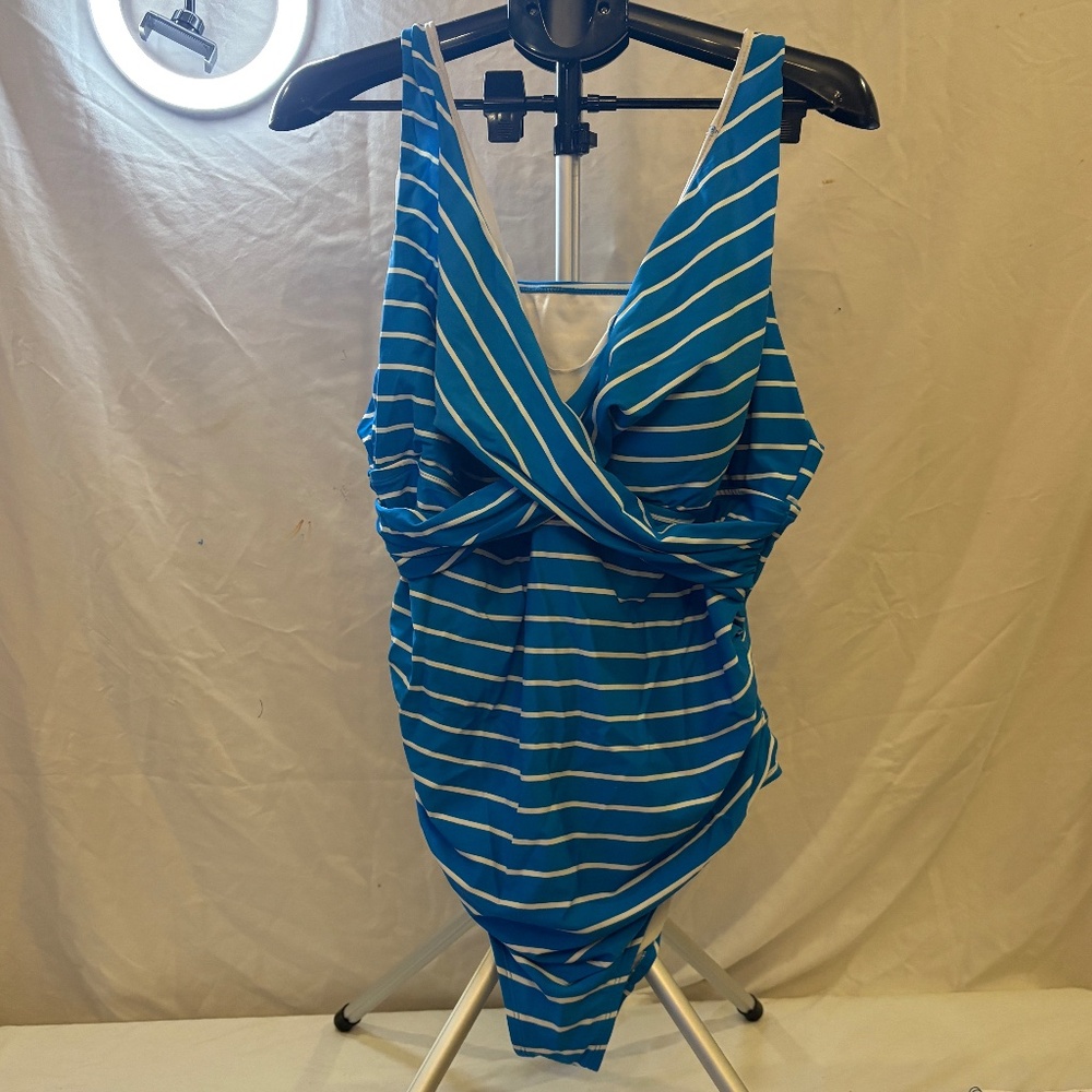 Bal Harbour Cross Front One Piece Swimsuit Tummy Control Blue White Stripe 24W